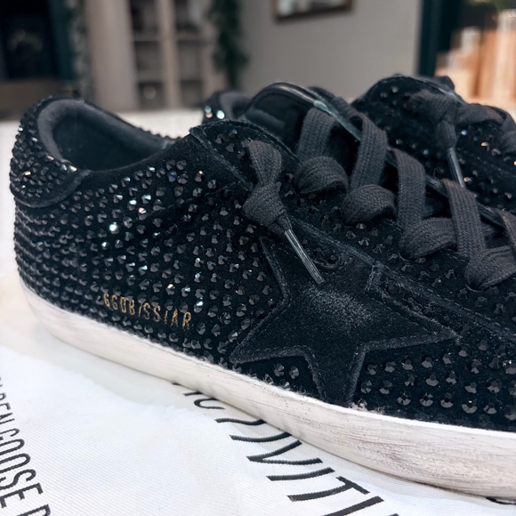 Golden Goose Shoes - Golden Goose black suede SuperStar w/ Swarovski crystals & black suede star.